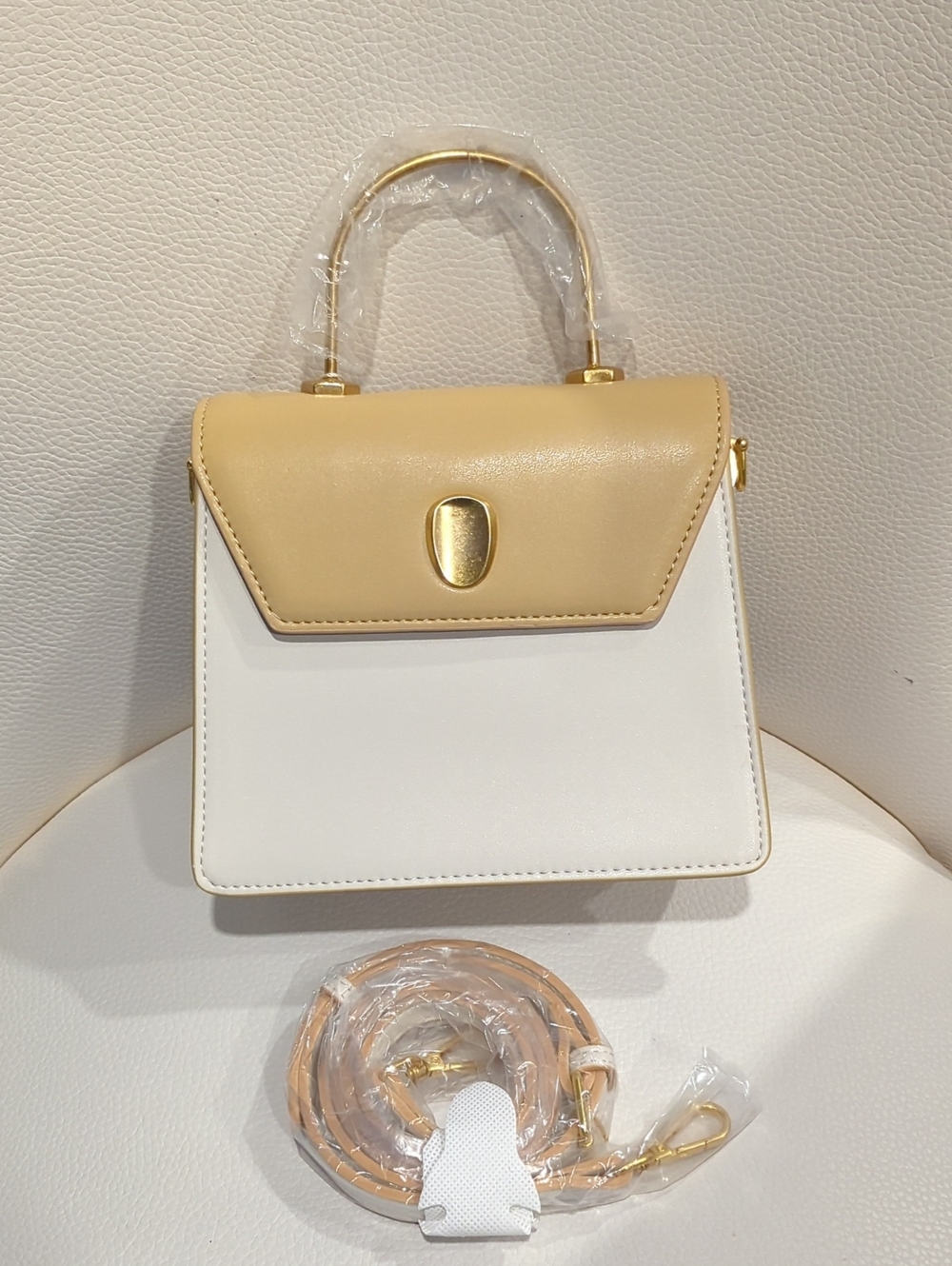 Elegant Two-Tone Crossbody Top Handle Bag in Tan and White